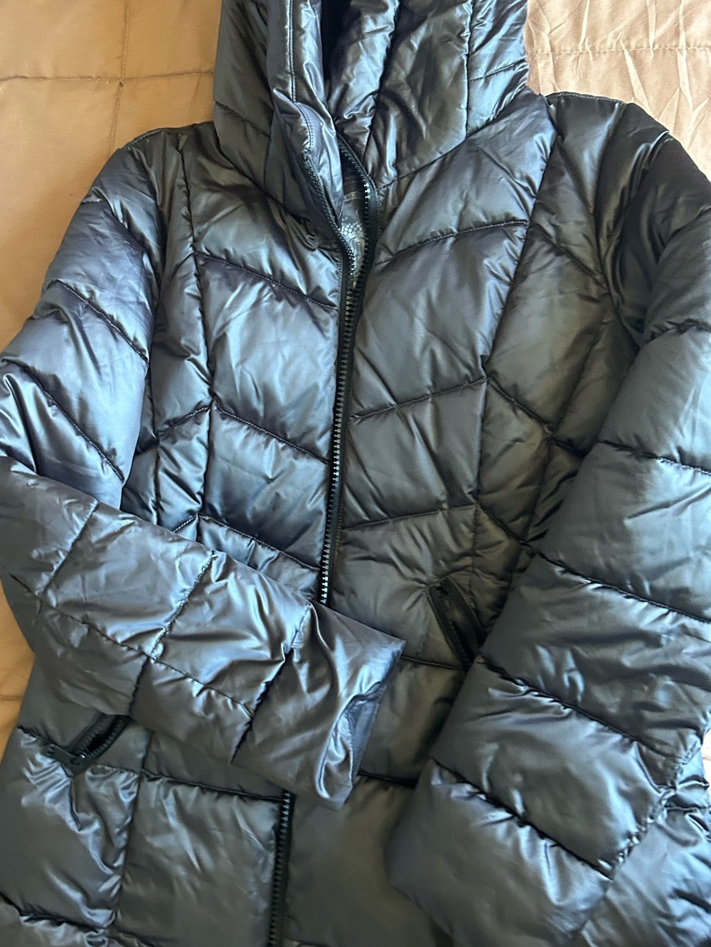 Bernardo Shiny Quilted Hooded Puffer Coat - Black